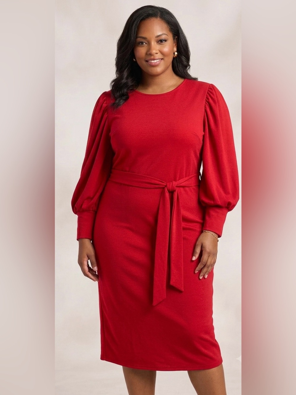 AMAZON Red Puff Balloon Sleeve Shift Dress with belt